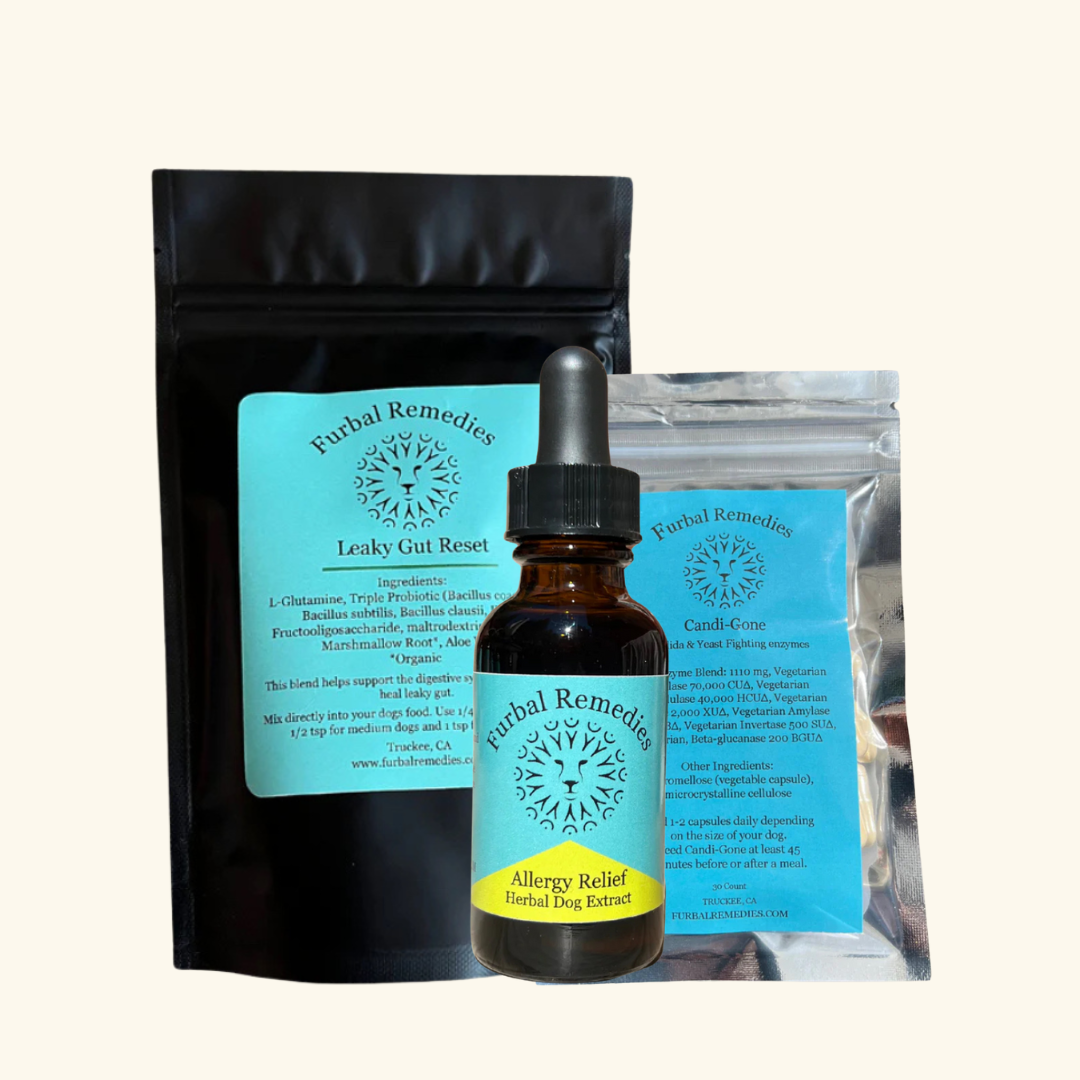 Leaky Gut Reset Powder, Allergy Relief Extract and Candida Control Extract for dogs yeast and gut balance bundle by Furbal Remedies.