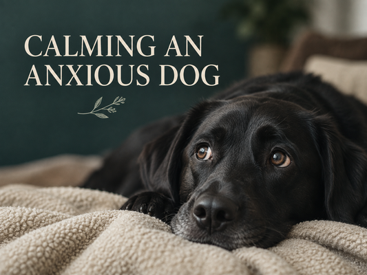 Black dog resting its head on a cream blanket.