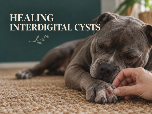 Bully breed dog laying down with inflamed toes with interdigital furunculosis. 