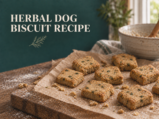 Homemade herbal dog biscuits on a cutting board.