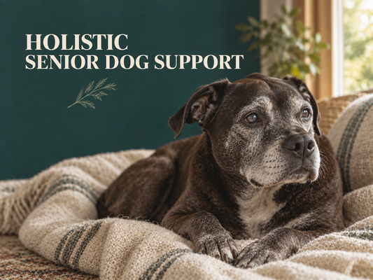 Gray-muzzled senior dog resting comfortably on a cream blanket