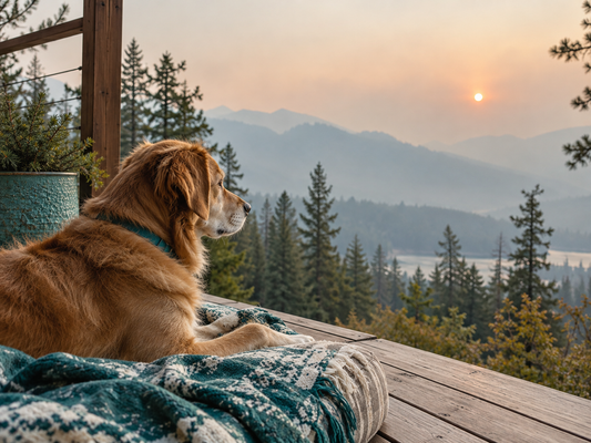Dog looking out at smokey mountains from wild fire.