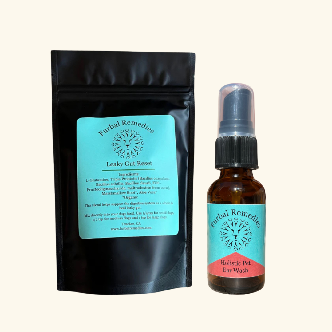 Leaky Gut Reset Powder and Ear Infection Support Extract for dogs for gut and ear health bundle by Furbal Remedies.