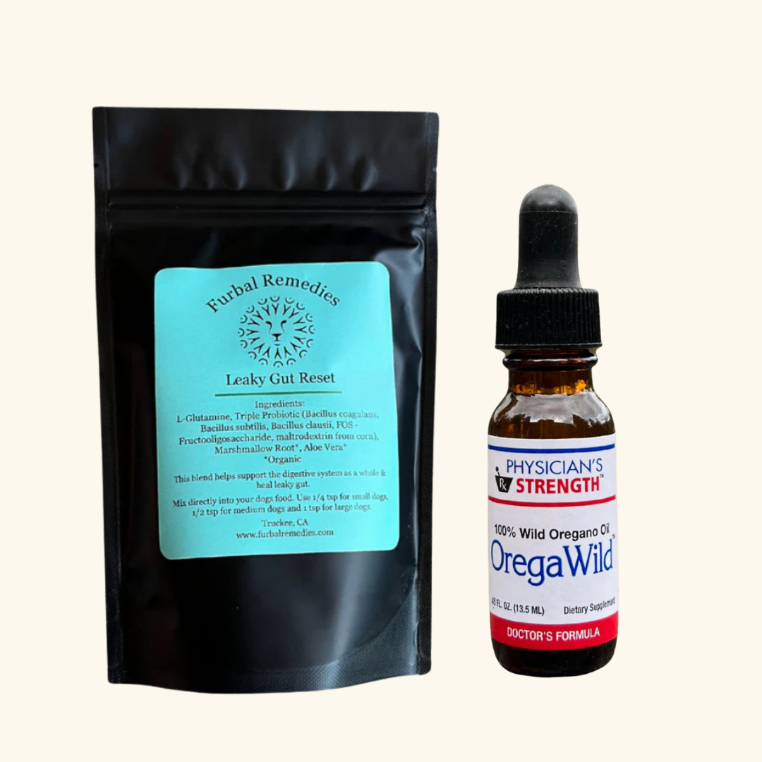 Leaky Gut Reset Powder and Furunculosis Support Extract for dogs for gut and skin healing bundle by Furbal Remedies.